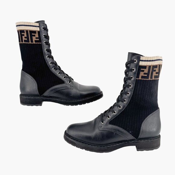 Fendi Rockoko Combat Boots EU 42 US 12 Black Leather FF Zucca Lace Up Sock - Picture 8 of 14